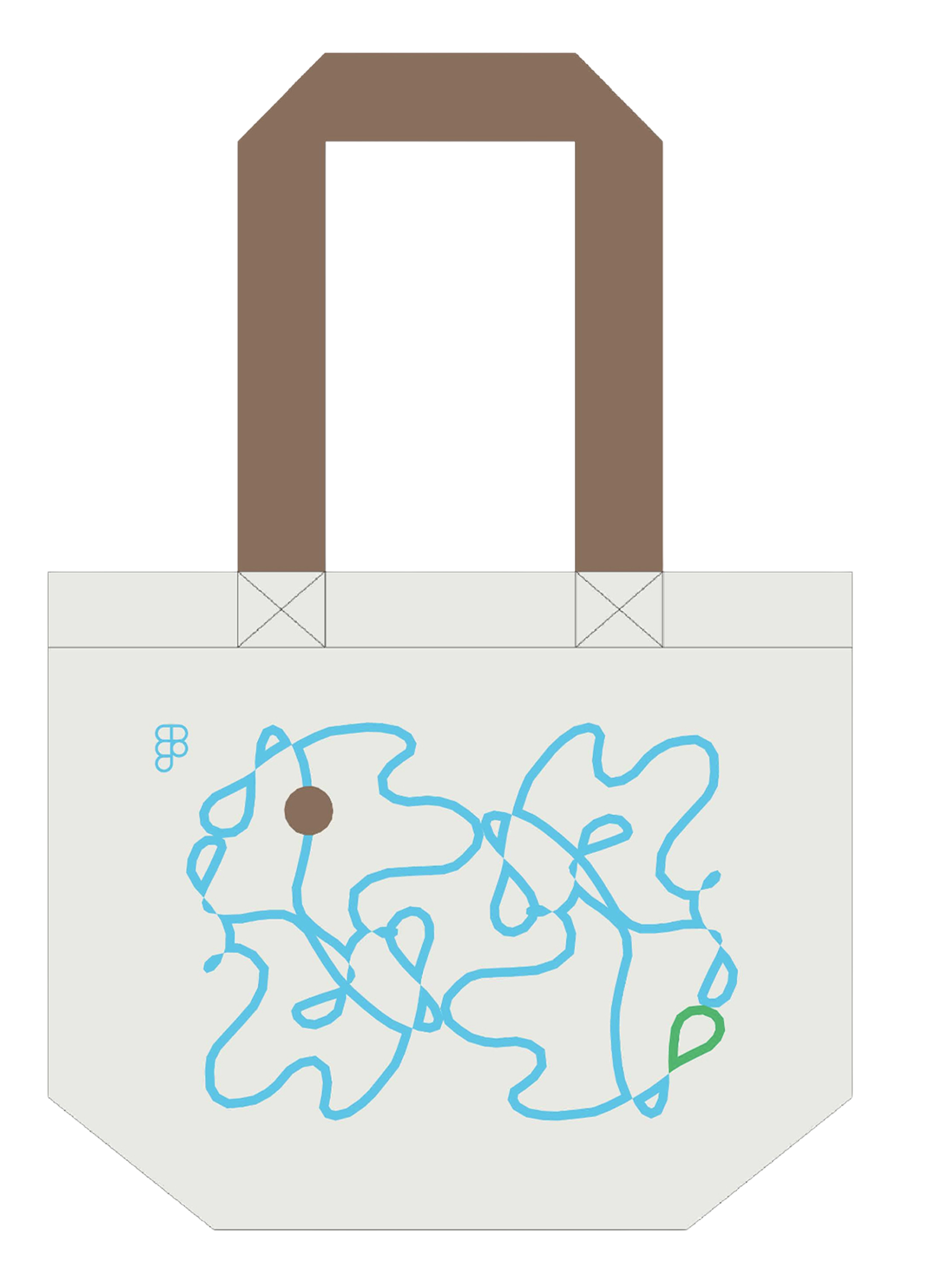 A flowing blue line drawing with small brown and green accents on a beige tote bag mockup