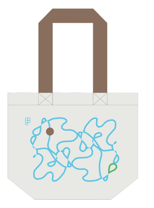 A flowing blue line drawing with small brown and green accents on a beige tote bag mockup