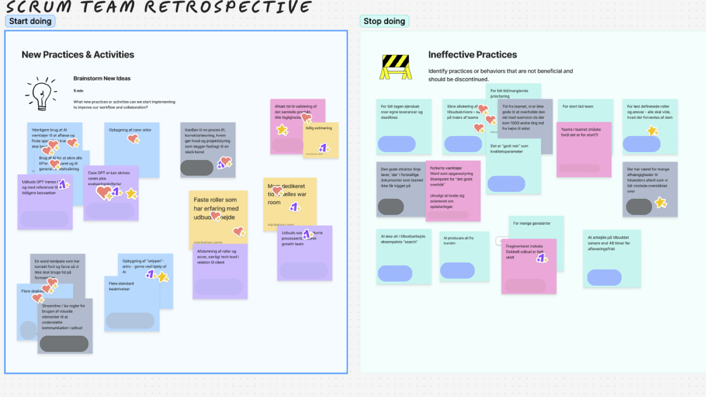 FigJam con una retrospectiva del equipo de Scrum, con categorías sobre qué empezar y dejar de hacer, y notas adhesivas dentro