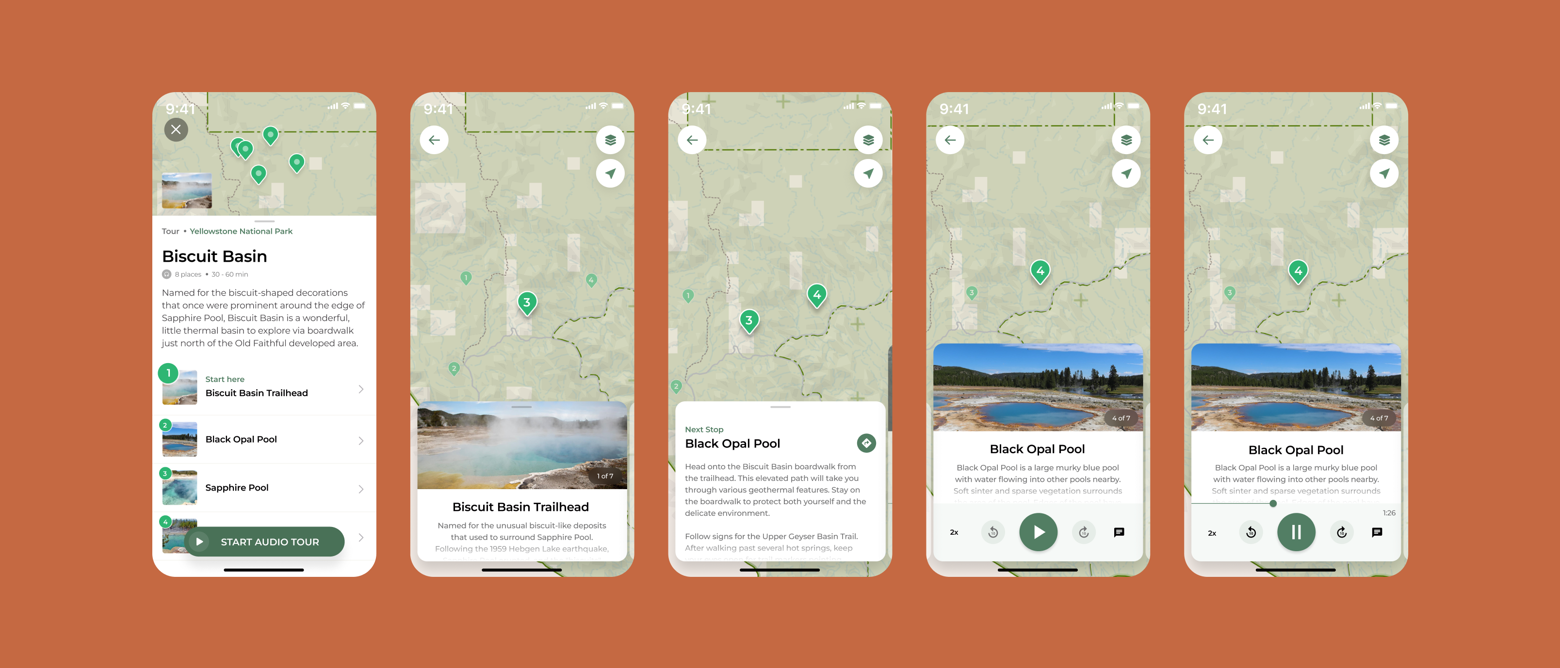 A series of interfaces shows the Biscuit Basin audio tour at Yellowstone