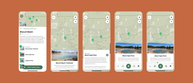 A series of interfaces shows the Biscuit Basin audio tour at Yellowstone