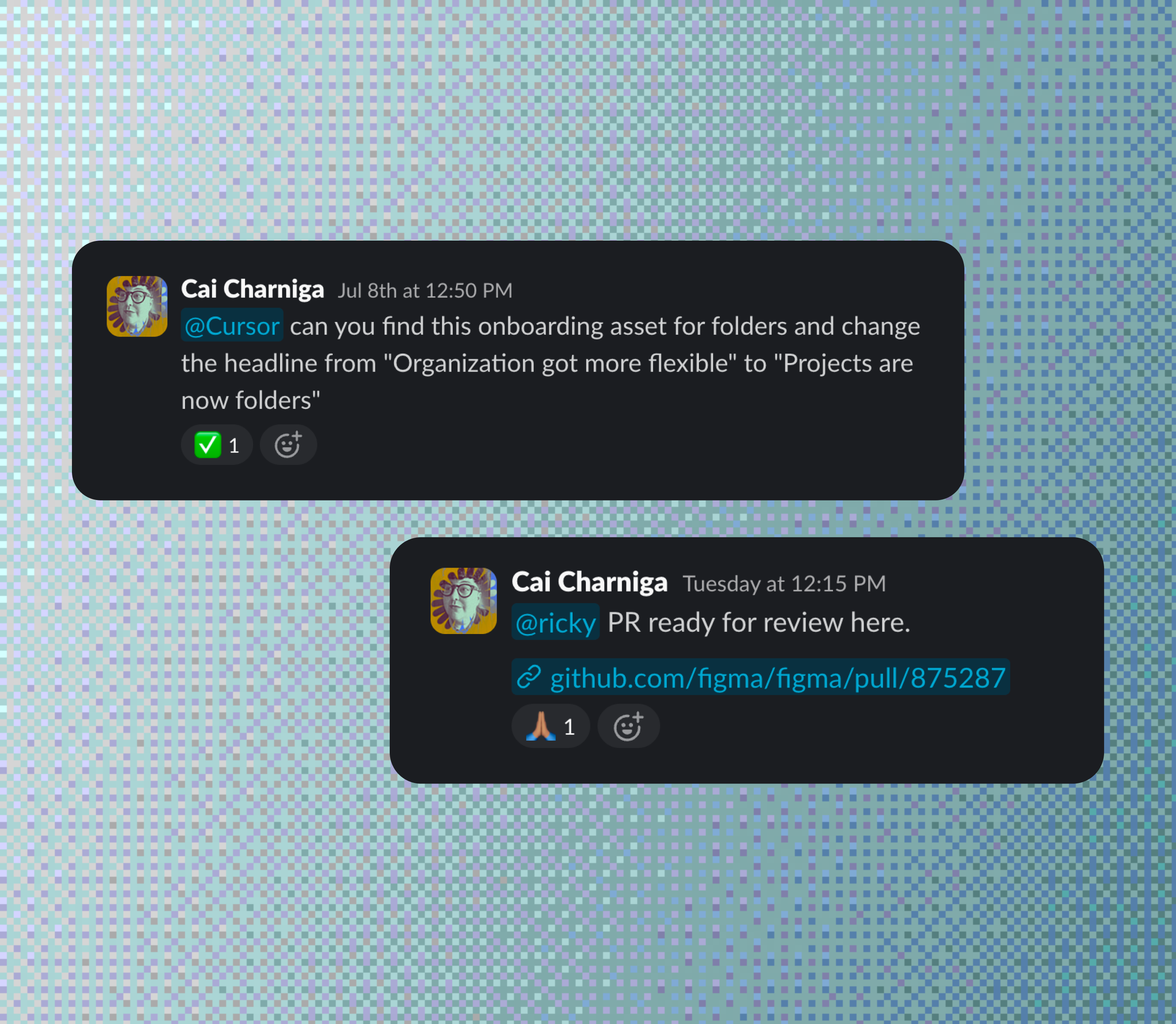 Two Slack messages showing AI-assisted development workflows, including an onboarding content update request and a pull request shared for review.
