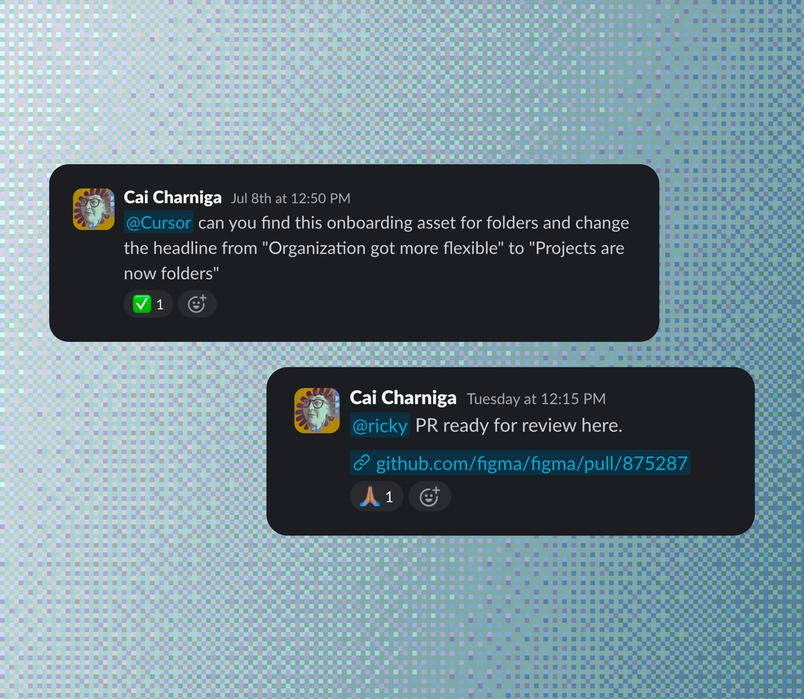 Two Slack messages showing AI-assisted development workflows, including an onboarding content update request and a pull request shared for review.