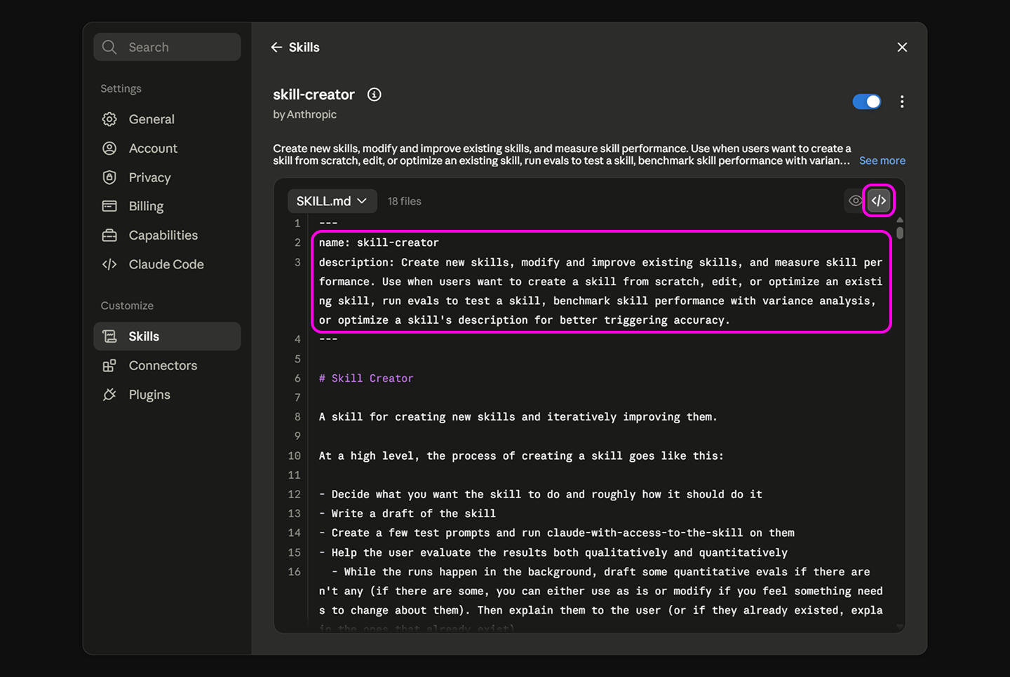 Claude Code skill file open showing the name and description fields at the top of the file.