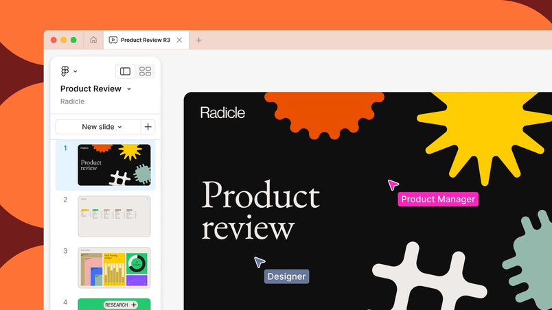 A Figma Slides file called "Product review" on an orange background.