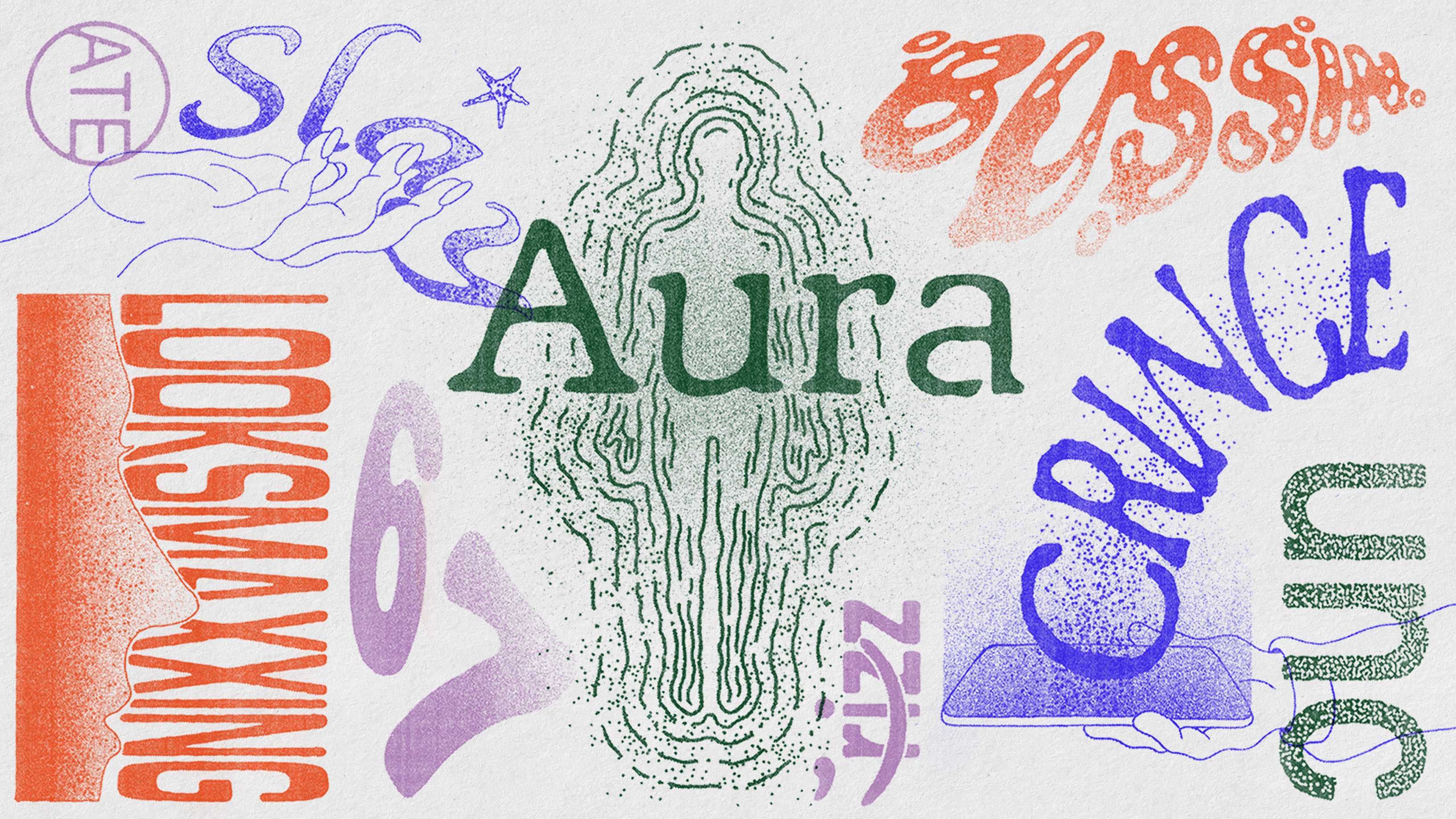 Collage of slang words like “aura,” “67,” and “rizz,” each in a different typeface and texture.
