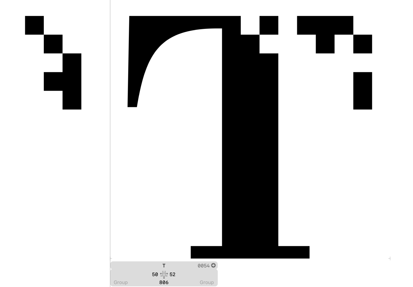 A large, bold serif letter "T" is displayed with a pixelated, blocky distortion effect applied to its top, resembling a glitch or roughen treatment.