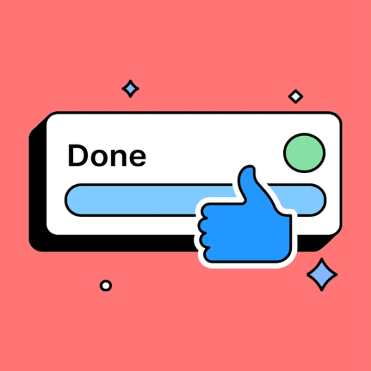 a task progress bar with the word "done" and a thumbs up emoji