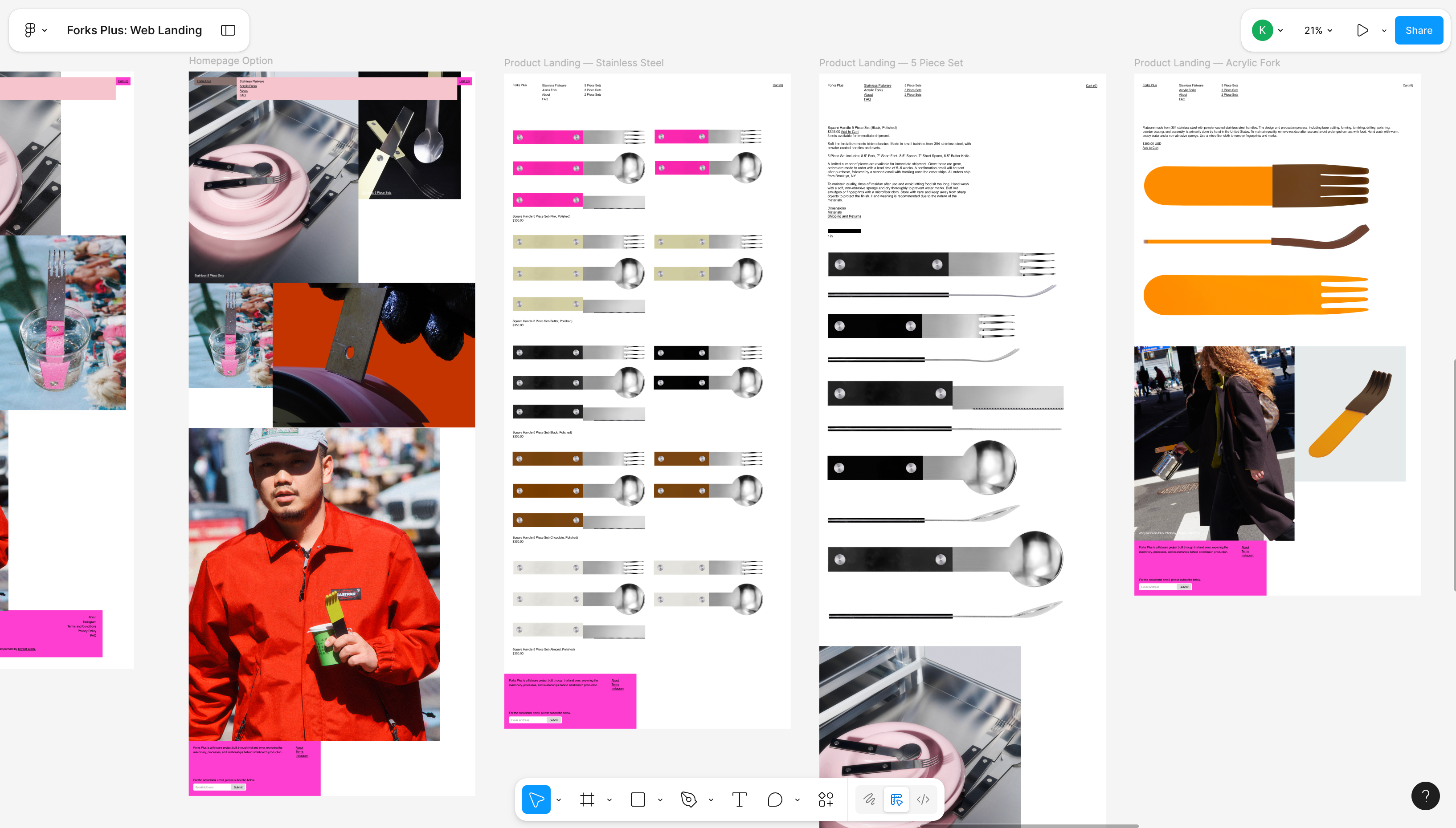 Design mockups display colorful product pages featuring forks, lifestyle photos, and layout options arranged side-by-side.