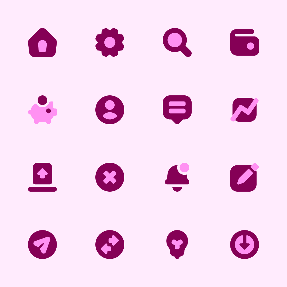seize variantes d'icônes en violet et rose