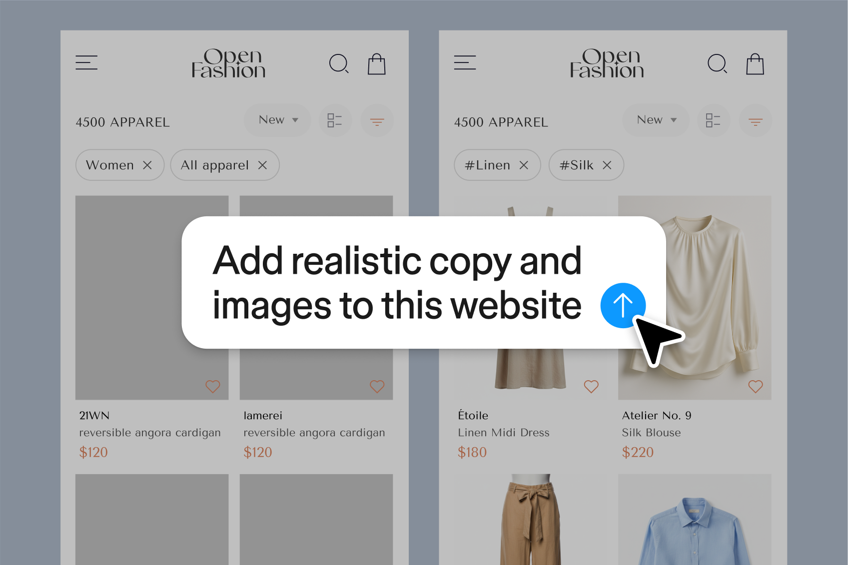 Before and after comparison of an e-commerce product listing page, showing Figma's agent filling placeholder designs with realistic product images, names, and prices using the prompt "Add realistic copy and images to this website