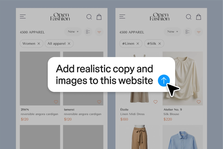 Before and after comparison of an e-commerce product listing page, showing Figma's agent filling placeholder designs with realistic product images, names, and prices using the prompt "Add realistic copy and images to this website