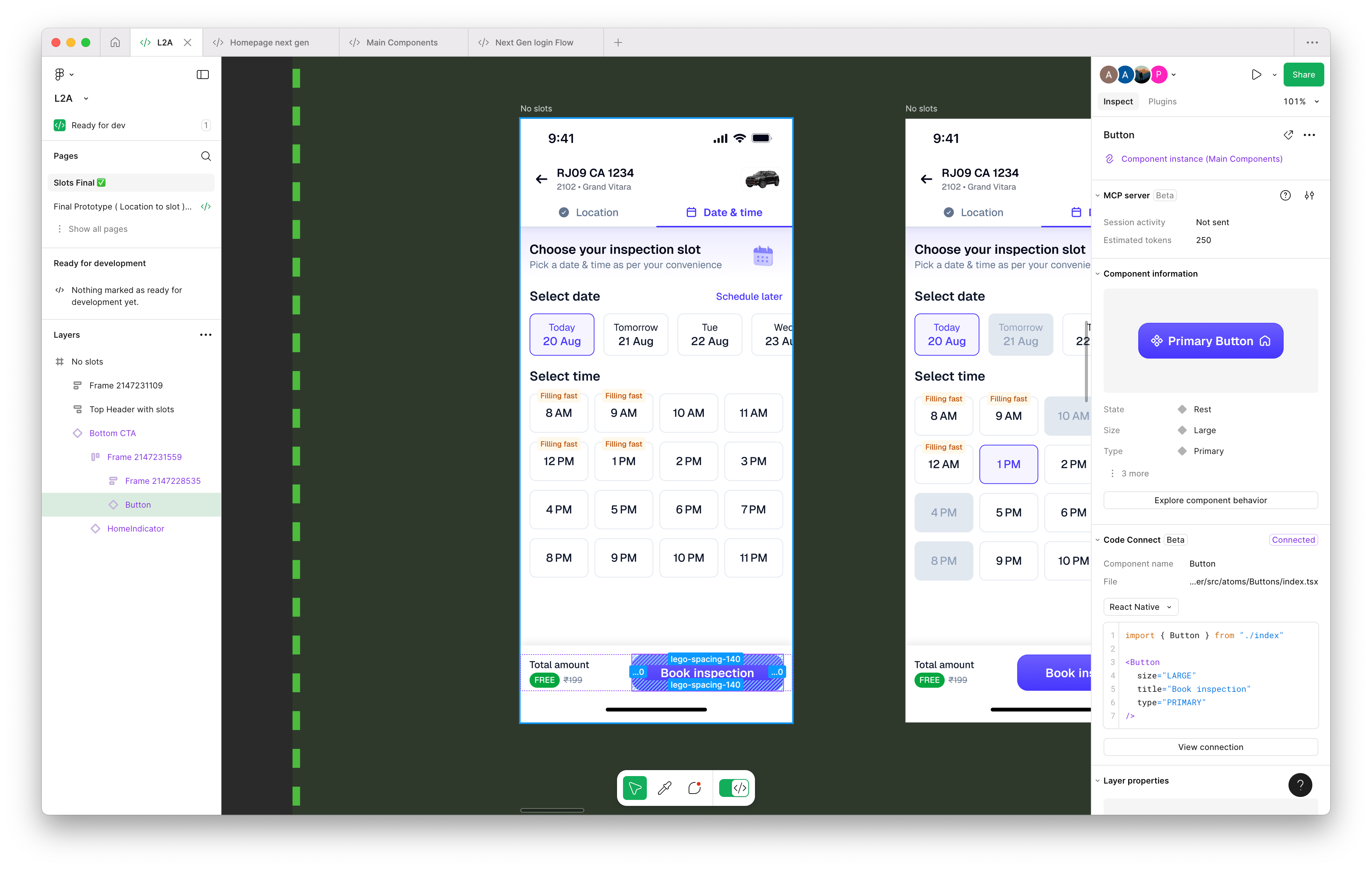 Developer inspecting tokenised components via Dev mode