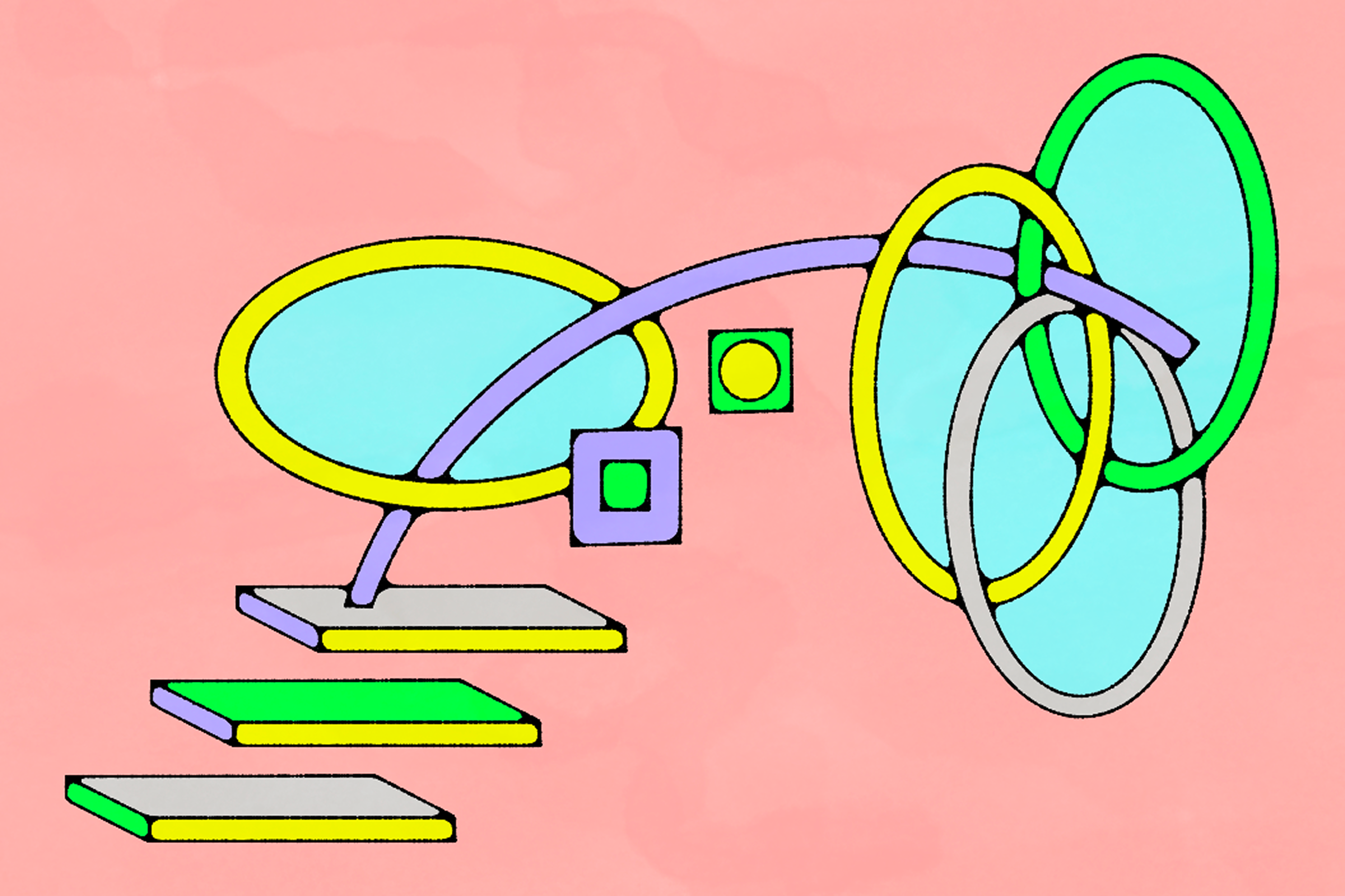 Abstract geometric illustration with overlapping colorful rings, ovals, squares, and platforms on a soft pink background.