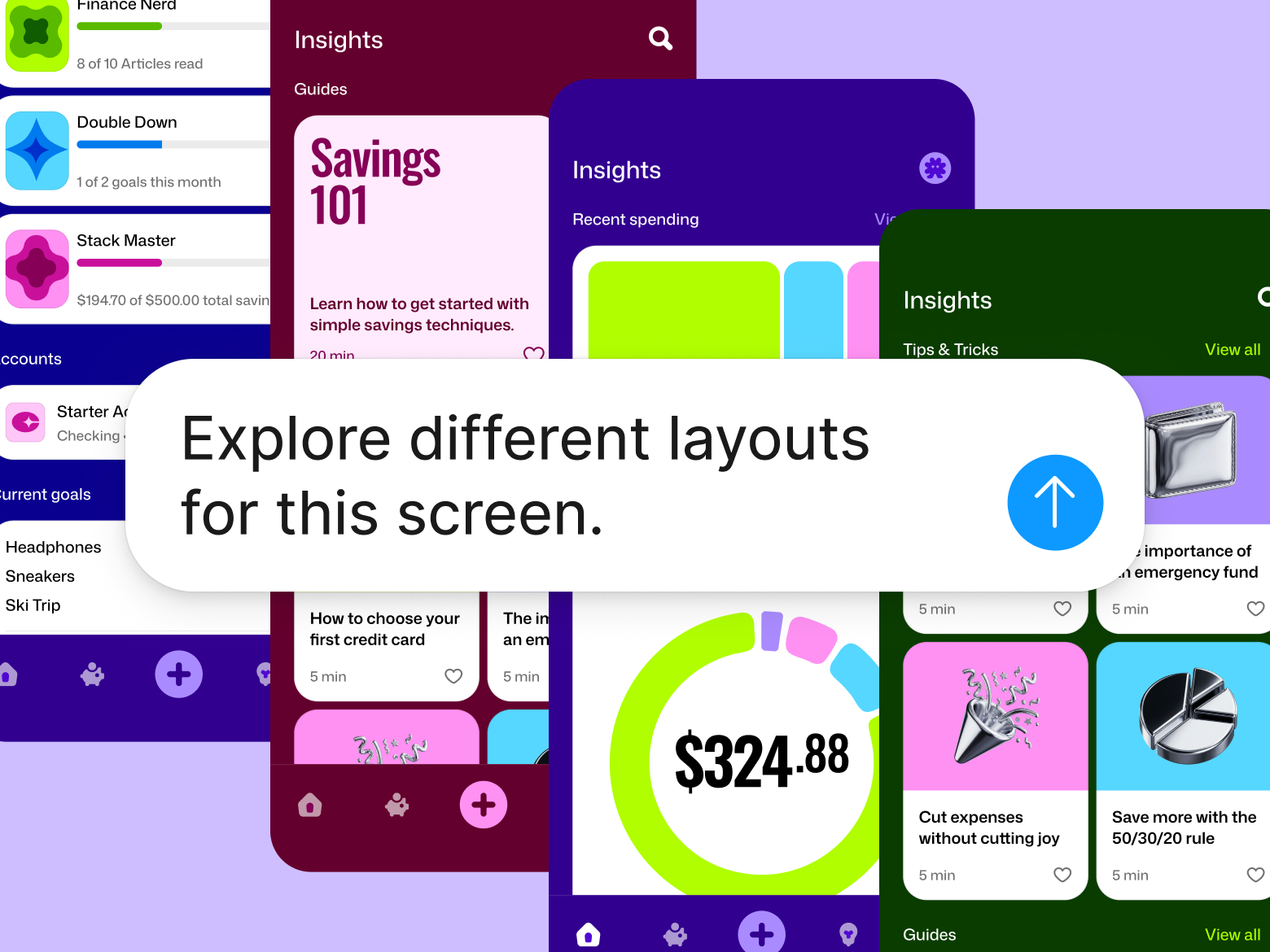 Figma canvas displaying multiple layout variations of a financial app interface, including user goal tracking cards, savings guides, spending insights dashboards, and bottom navigation menus, with a central dialog prompting to 'Explore different layouts for this screen'