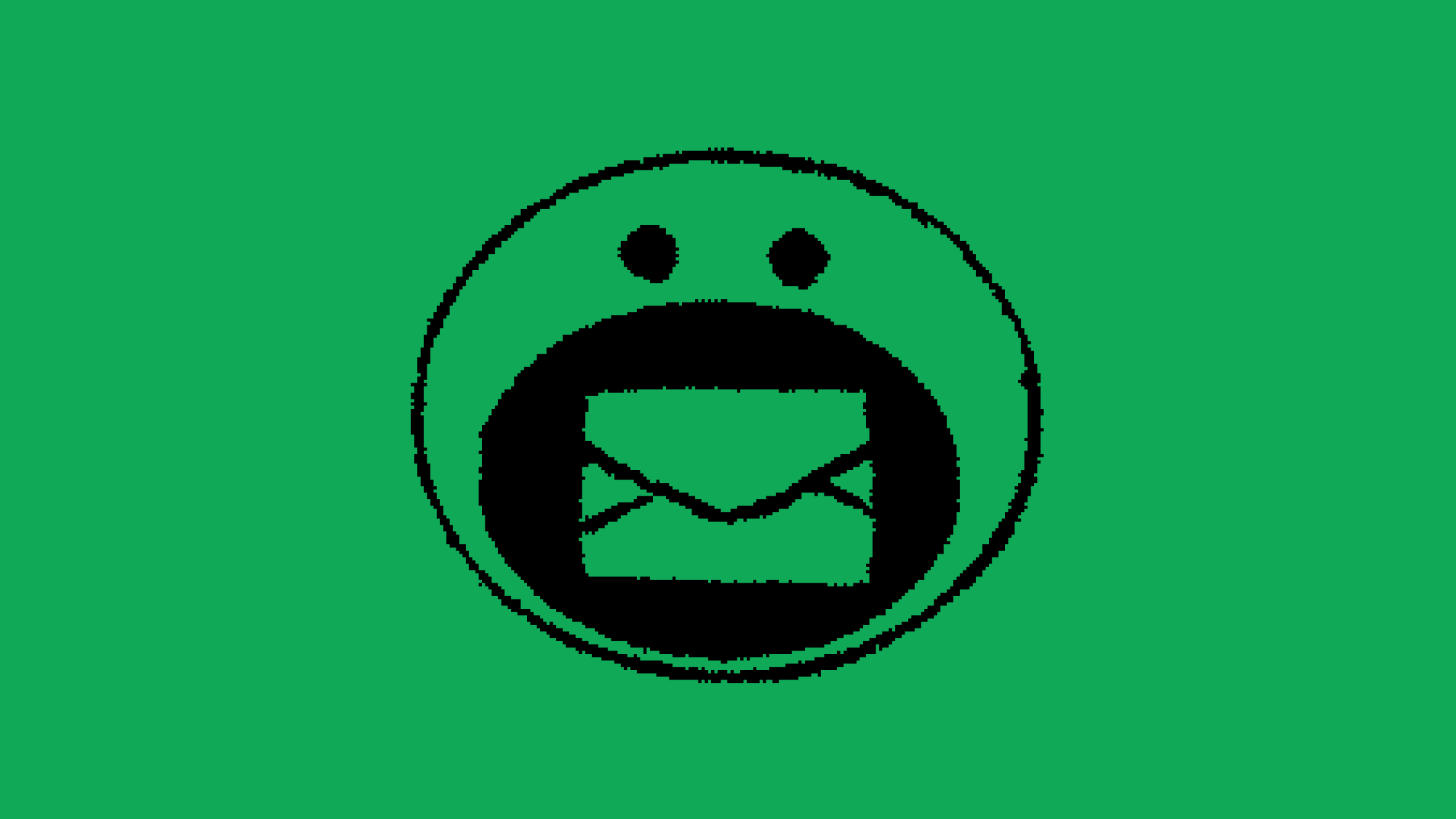 An illustration of a face with an open mouth and an envelope inside.