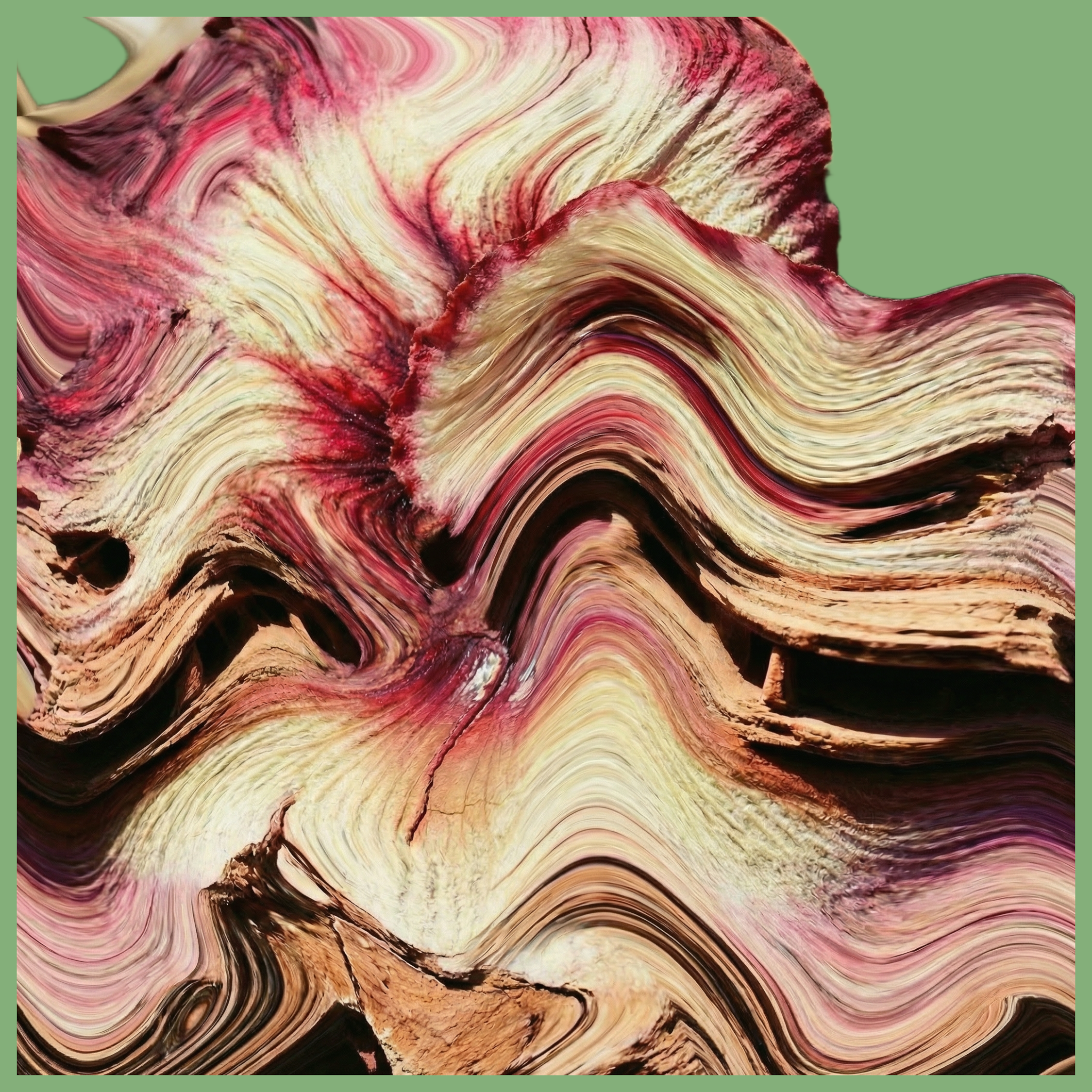 A distorted version of the combined flower and rock image with flowing wave forms and background removed, placed on a sage green Epoch brand color background.