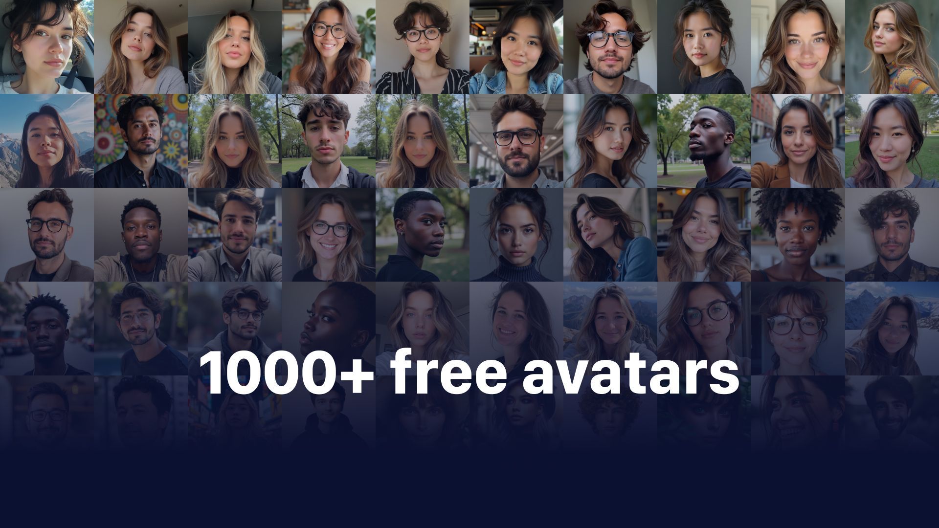 A grid of faces overlaid with "1000+ free avatars"