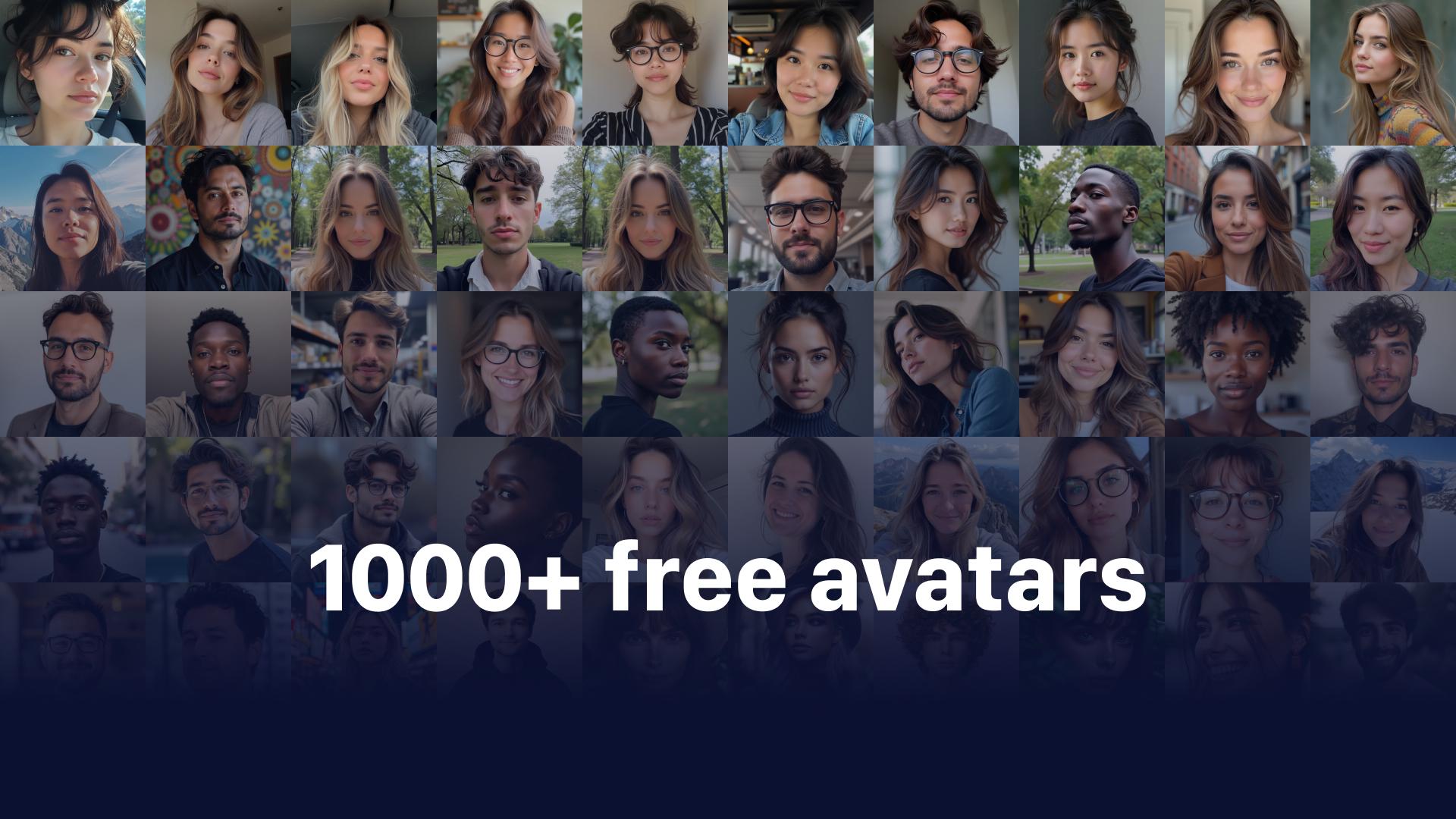 A grid of faces overlaid with "1000+ free avatars"