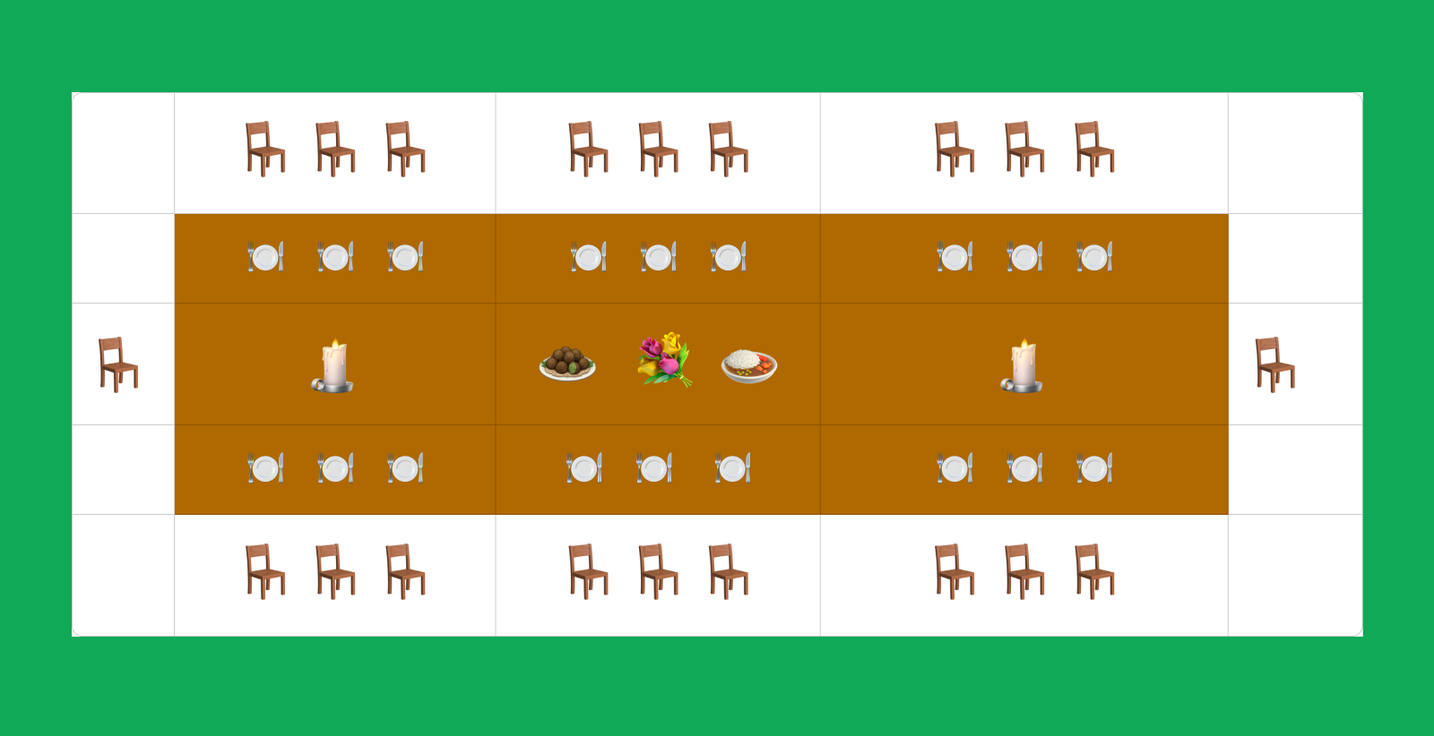 A dinner table made with rectangles from a table in FigJam, with emoji of plates, food, and flowers on the table itself, with chairs on the perimeter.