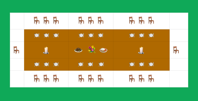 A dinner table made with rectangles from a table in FigJam, with emoji of plates, food, and flowers on the table itself, with chairs on the perimeter.