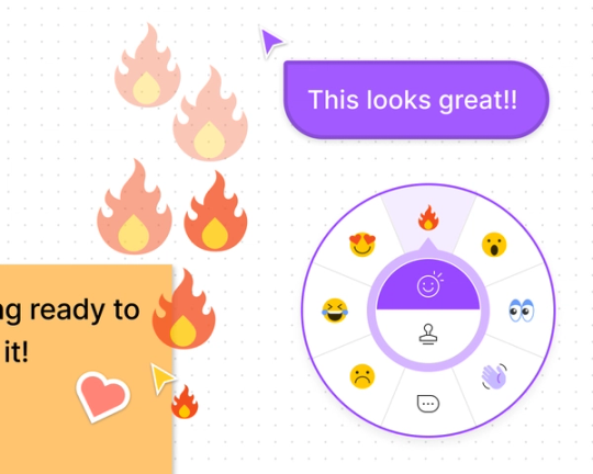 A cursor uses the reaction wheel to emote "fire" while a cursor chats "This looks great!"