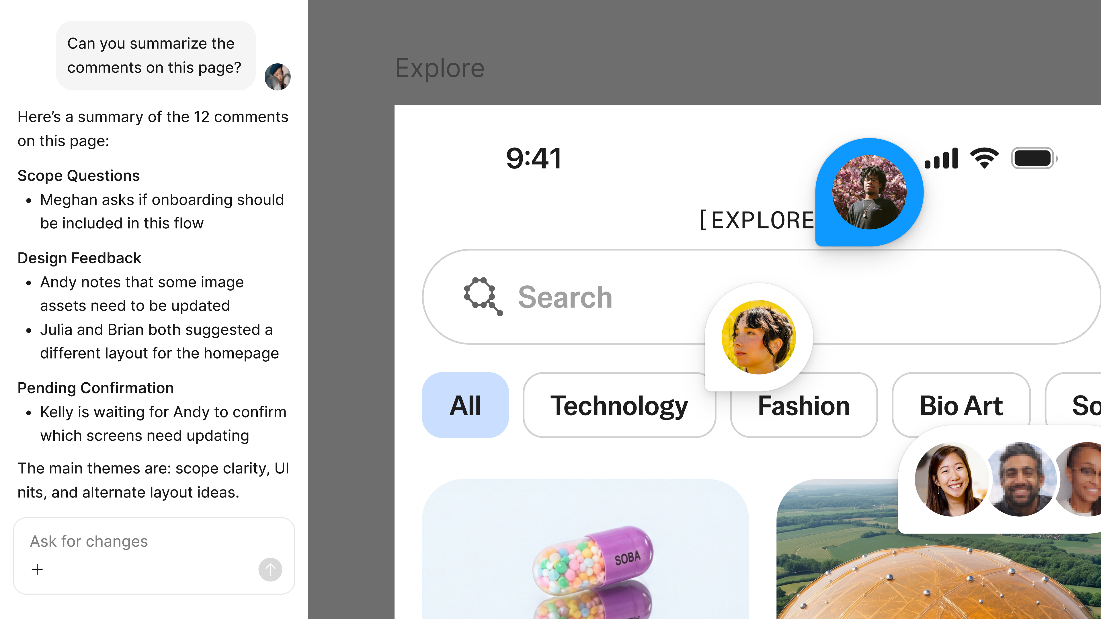 Figma's agent panel showing a structured summary of 12 design comments grouped into Scope Questions, Design Feedback, and Pending Confirmation, alongside two mobile app screens for a speculative futures museum and a content discovery feed