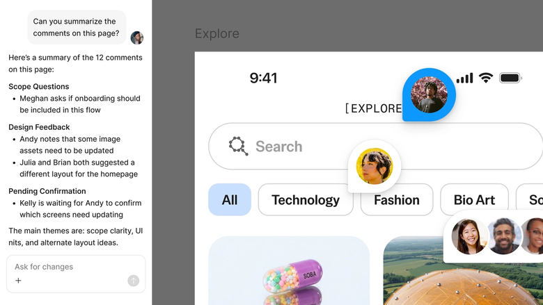 Figma's agent panel showing a structured summary of 12 design comments grouped into Scope Questions, Design Feedback, and Pending Confirmation, alongside two mobile app screens for a speculative futures museum and a content discovery feed