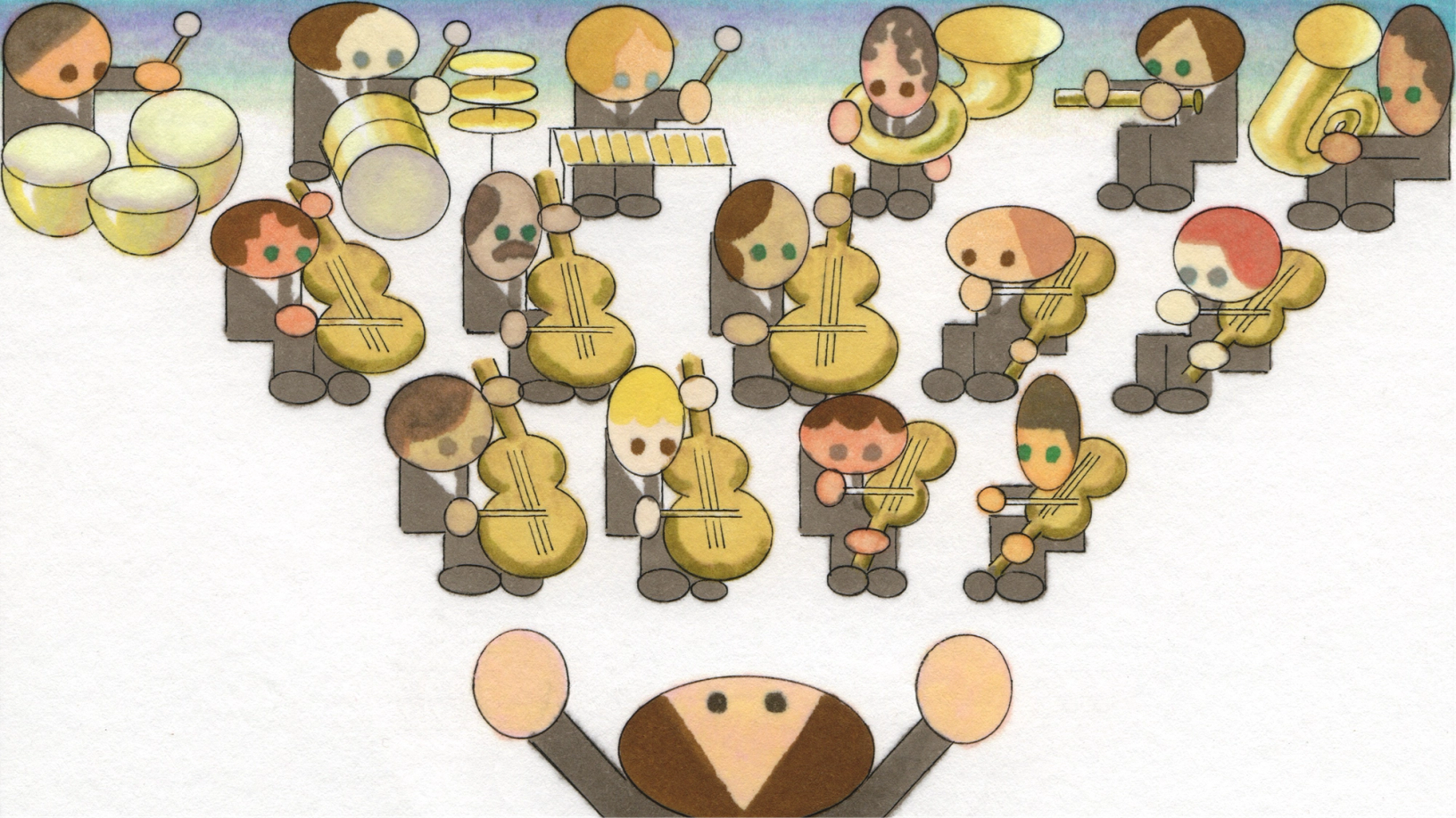 A whimsical, cartoon-style illustration depicts an orchestra with musicians playing various instruments and a conductor leading them.