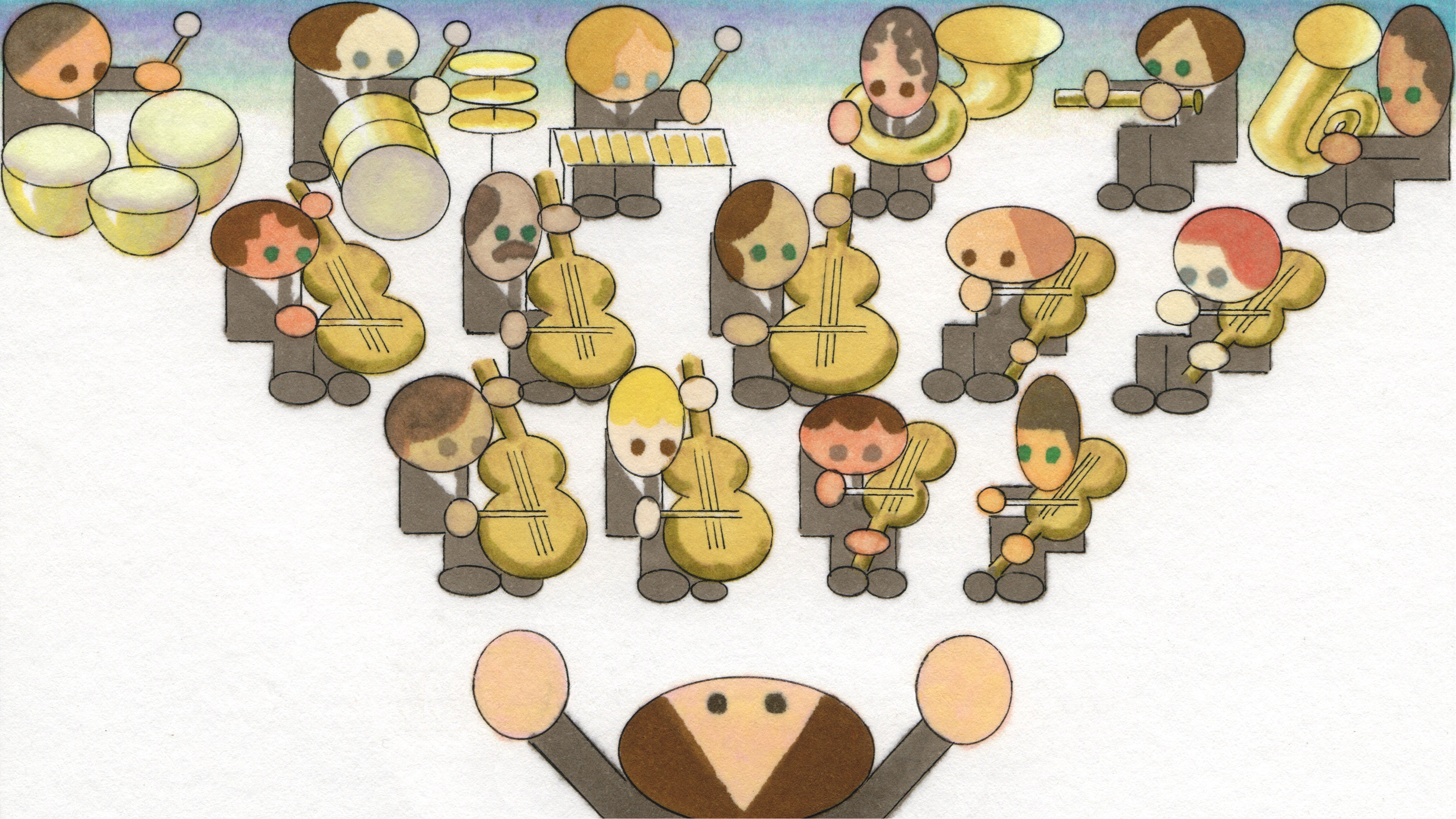 A whimsical, cartoon-style illustration depicts an orchestra with musicians playing various instruments and a conductor leading them.