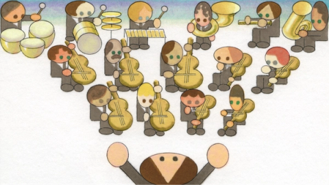 A whimsical, cartoon-style illustration depicts an orchestra with musicians playing various instruments and a conductor leading them.