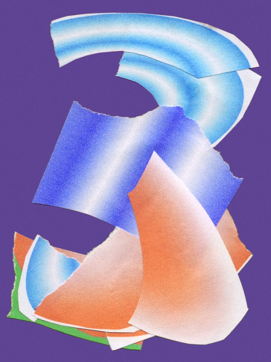 Torn colorful paper collage with blue, orange, and green gradients layered over purple background.