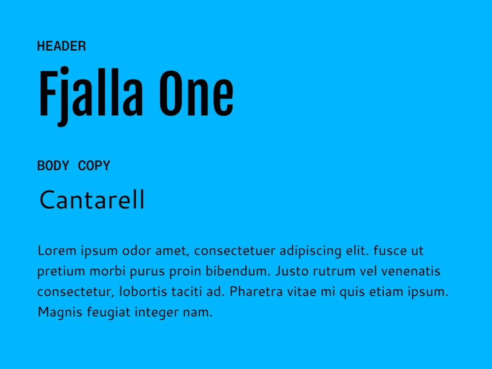 Example text showing Fjalla One and Cantarell as a font pairing.