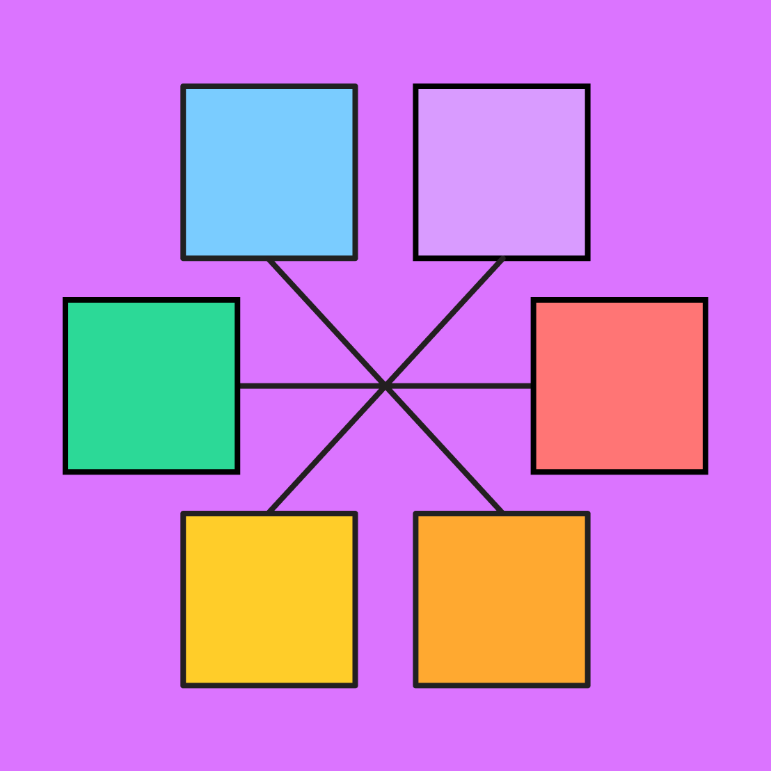 six colorful squares in a circle connected by diagonal lines