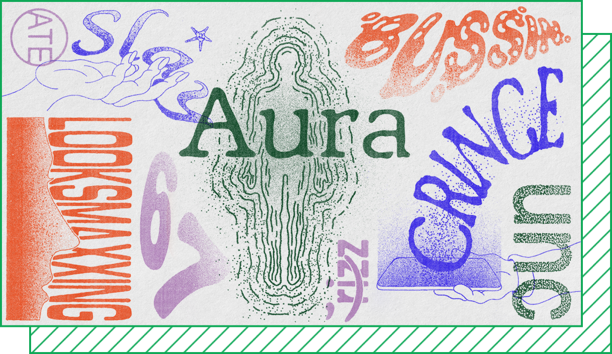 Collage of slang words like “aura,” “67,” and “rizz,” each in a different typeface and texture.