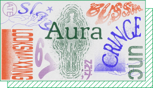 Collage of slang words like “aura,” “67,” and “rizz,” each in a different typeface and texture.