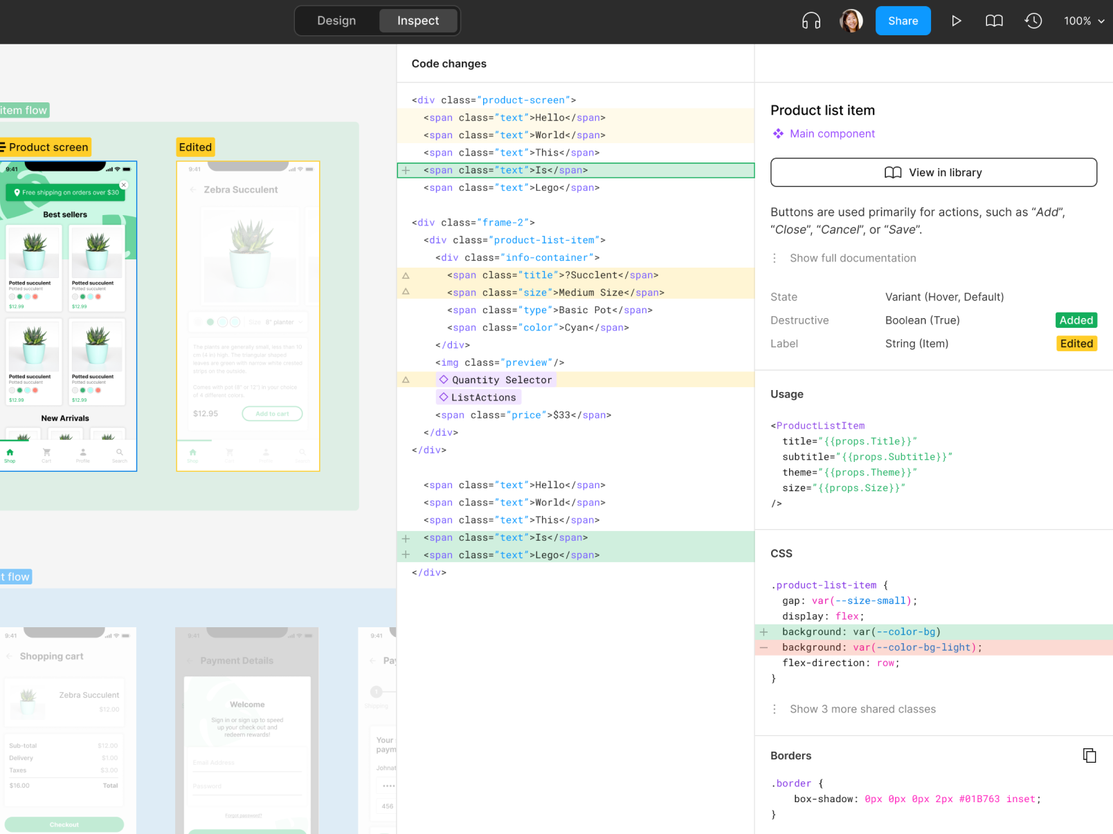 A screenshot of a Figma file showing code changes with different colors in the middle column.