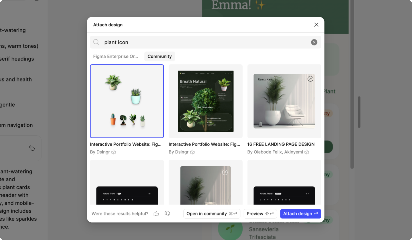 Screenshot of Figma Make workspace using “Attach Design” tool.