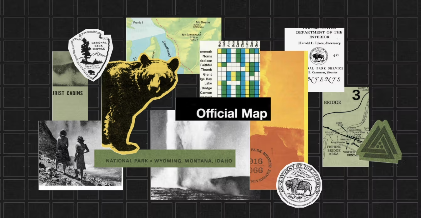 Collage of vintage Yellowstone National Park maps, photos, and emblems with a large bear illustration and the text “Official Map.”