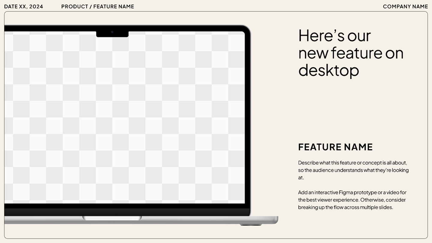 Presentation slide featuring a template for sharing a prototype of a new feature