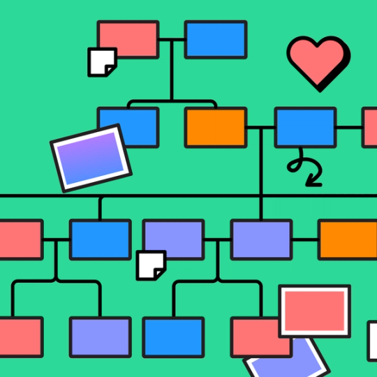 family tree graphic with FigJam stickers and sticky notes