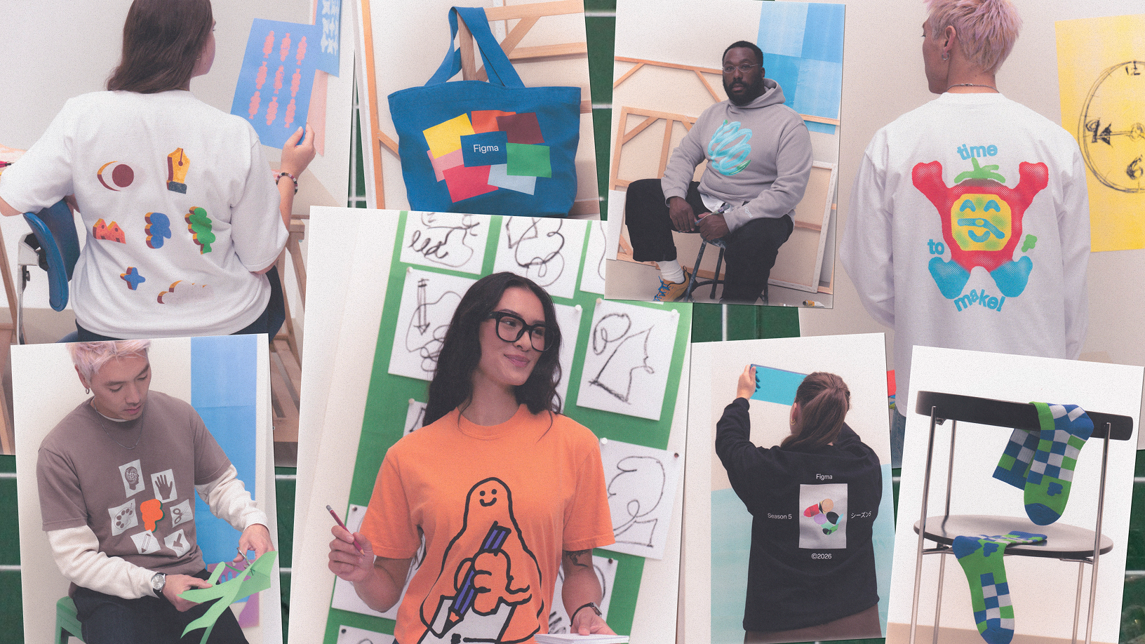 A collage of people modeling Figma-branded apparel, t-shirts, hoodies, a tote bag, and socks, featuring colorful illustrated graphics, in a studio setting with artwork on easels.