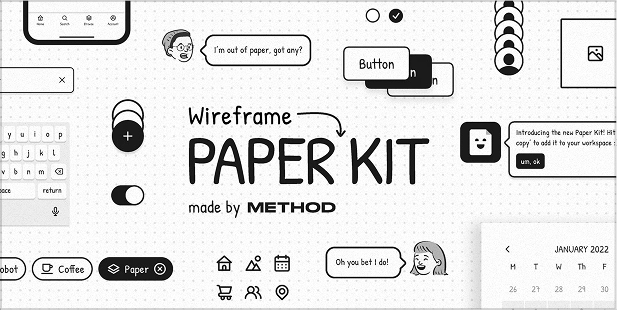 Paper Wireframe Kit template preview showing hand-drawn style UI components including buttons, icons, navigation elements, and a calendar, by Method design studio
