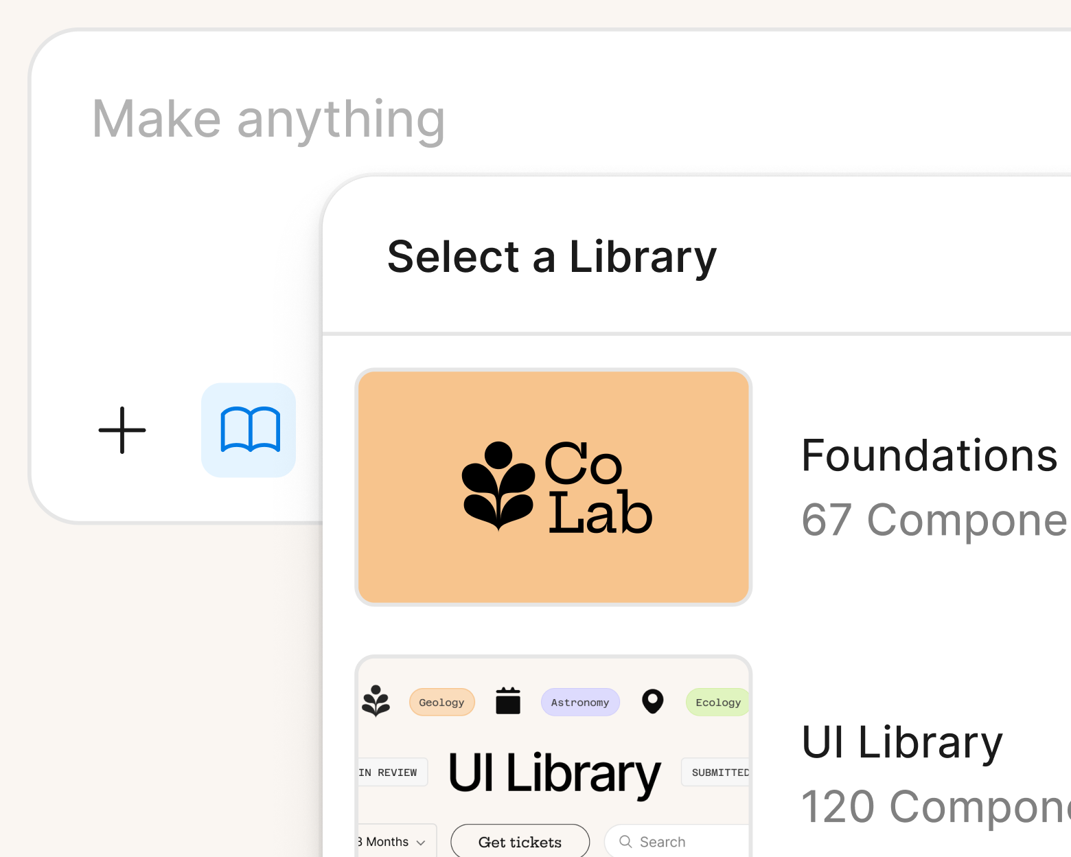 a prompt box covered by a library modal with foundations and a ui library