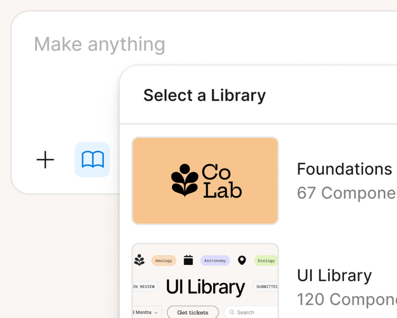 a prompt box covered by a library modal with foundations and a ui library
