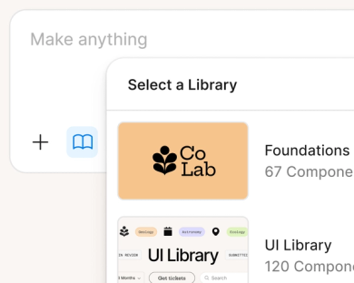 a prompt box covered by a library modal with foundations and a ui library