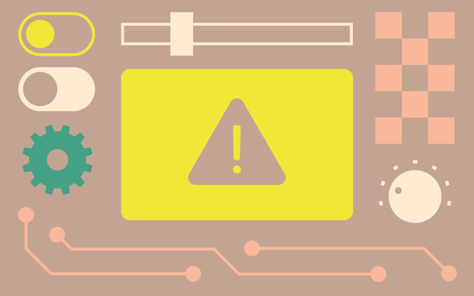 abstract illustration showing checkerboard, a hazard sign, gear, switches, and other ui elements
