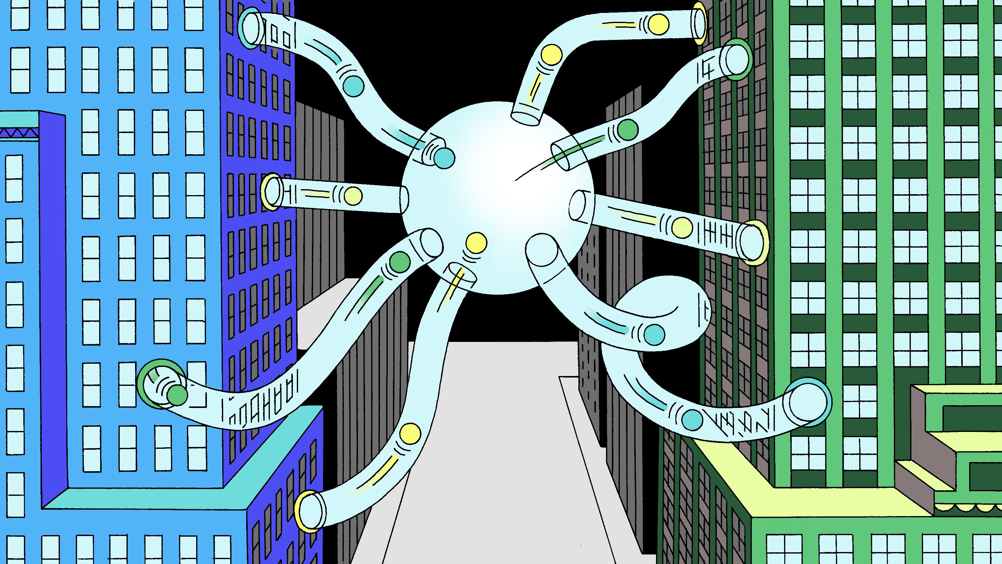 An abstract illustration of a central hub with tube-like connections stretching between city buildings, symbolizing a network linking systems across an urban landscape.
