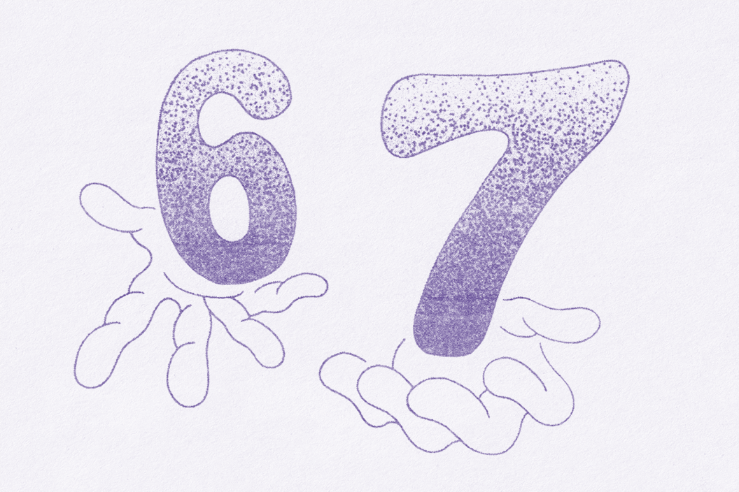 Two hands hold up the numbers 6 and 7.