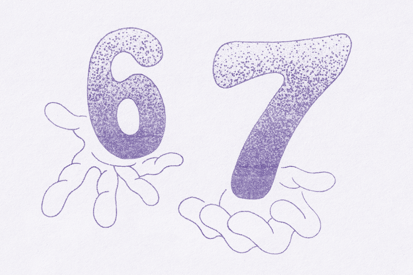 Two hands hold up the numbers 6 and 7.